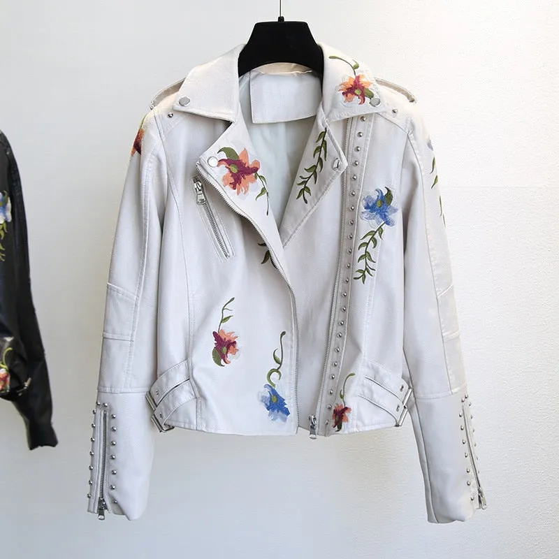 Floral PU Faux Leather Jacket Women High Street Motorcycle Embroidery Coat Punk Outerwear Biker Jackets