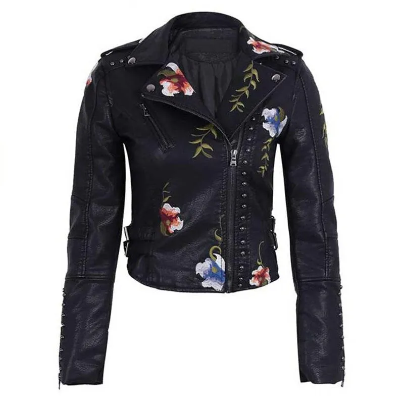 Floral PU Faux Leather Jacket Women High Street Motorcycle Embroidery Coat Punk Outerwear Biker Jackets