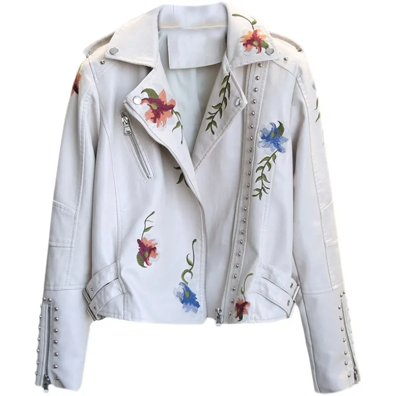 Floral PU Faux Leather Jacket Women High Street Motorcycle Embroidery Coat Punk Outerwear Biker Jackets