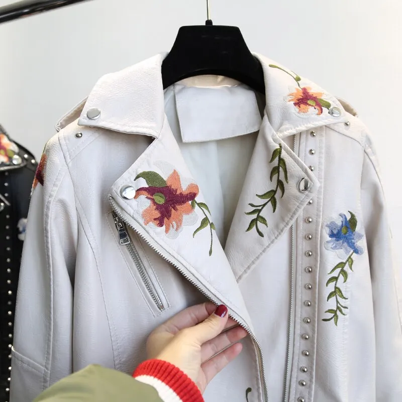 Floral PU Faux Leather Jacket Women High Street Motorcycle Embroidery Coat Punk Outerwear Biker Jackets