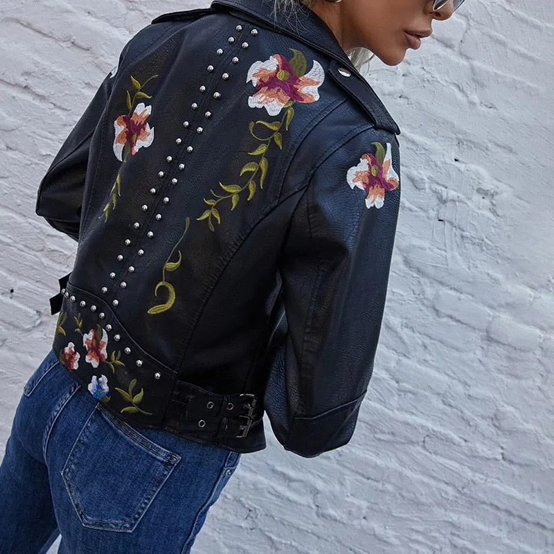 Floral PU Faux Leather Jacket Women High Street Motorcycle Embroidery Coat Punk Outerwear Biker Jackets