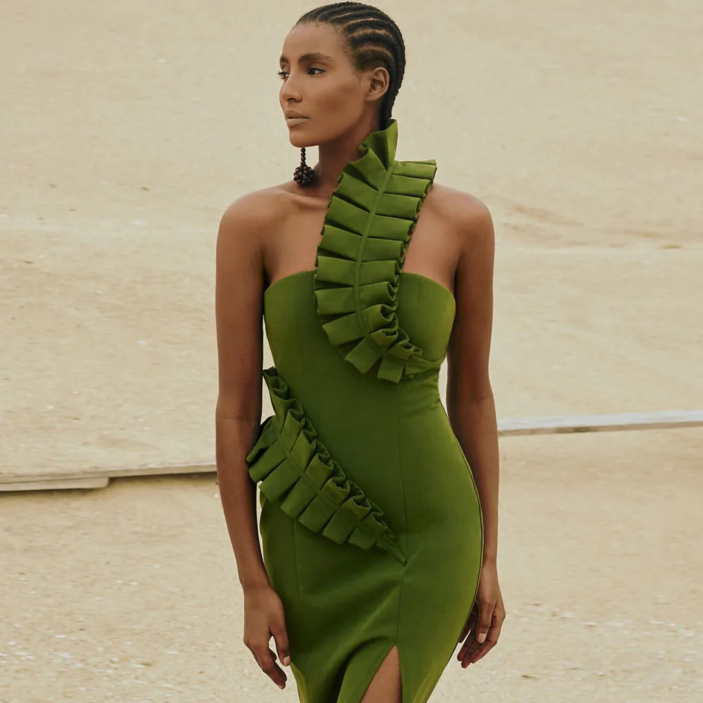 Flytonn- Striking Ruffle Detail One Shoulder Slit Bandage Midi Dress - Green