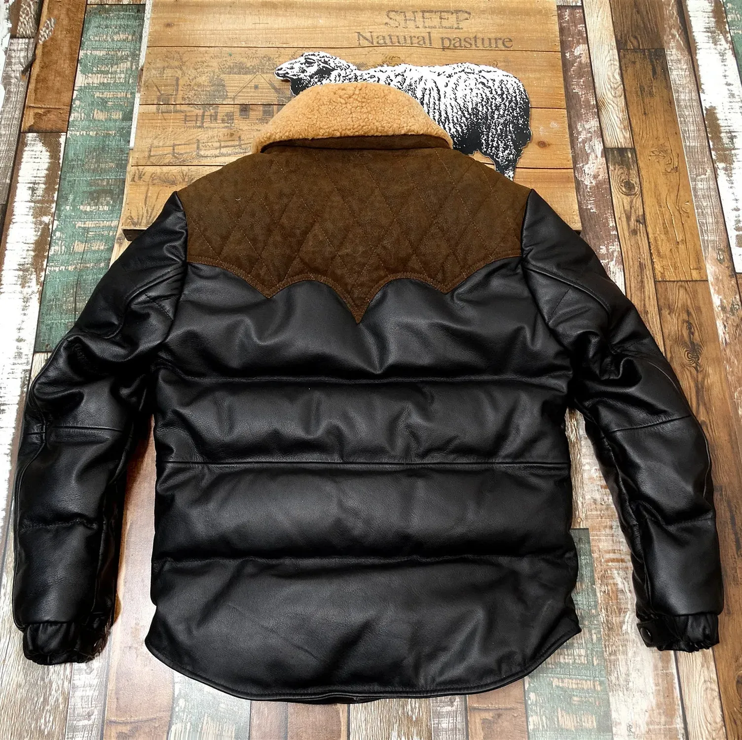 Genuine Leather Down Jacket with Wool Collar - Short Slim Fit