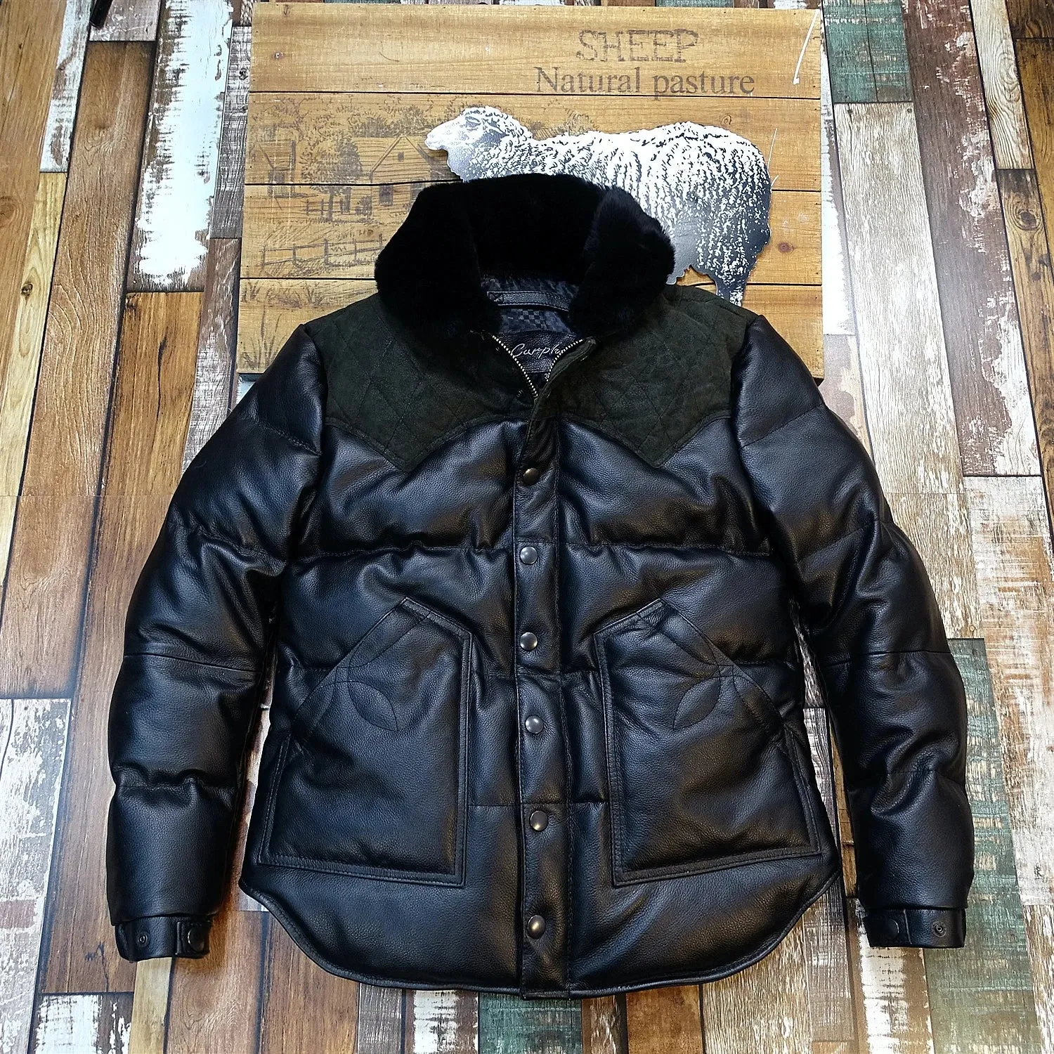 Genuine Leather Down Jacket with Wool Collar - Short Slim Fit