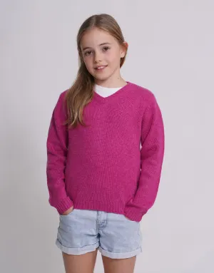 Girls 4-ply Winter V-Neck Jumper in Berry