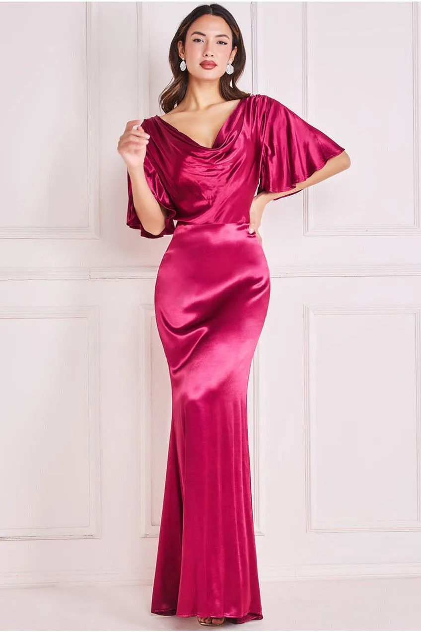 Goddiva Satin Viscose Cowl Neck Maxi With Train - Burgundy