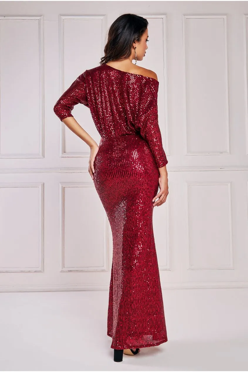 Goddiva Sequin Cowl Maxi Dress - Wine