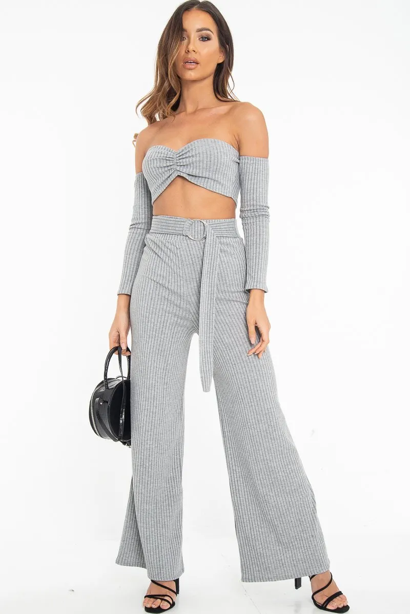 Grey Rib Bardot Crop Top Belted Trousers Co-Ord - Cecilia