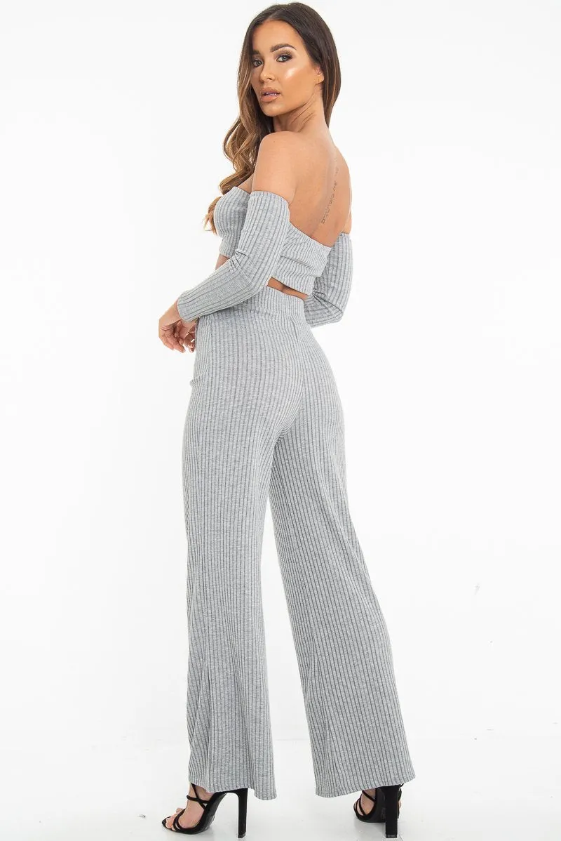 Grey Rib Bardot Crop Top Belted Trousers Co-Ord - Cecilia