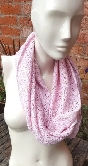 Handmade cowl, infinity scarf, mobius scarf, in pinks and lilac Acrylic mix yarn.