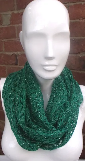 Handmade, lace knit infinity scarf, Cowl, Emerald Green coloured