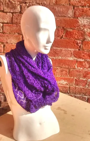 Handmade, lace knit infinity scarf, Cowl, Royal Purple coloured