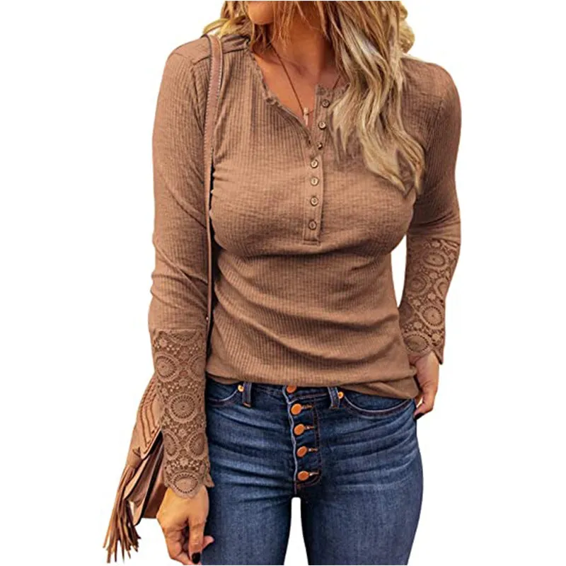 Haute Edition Women's Henley T-Shirt Top with Lace Long Sleeve