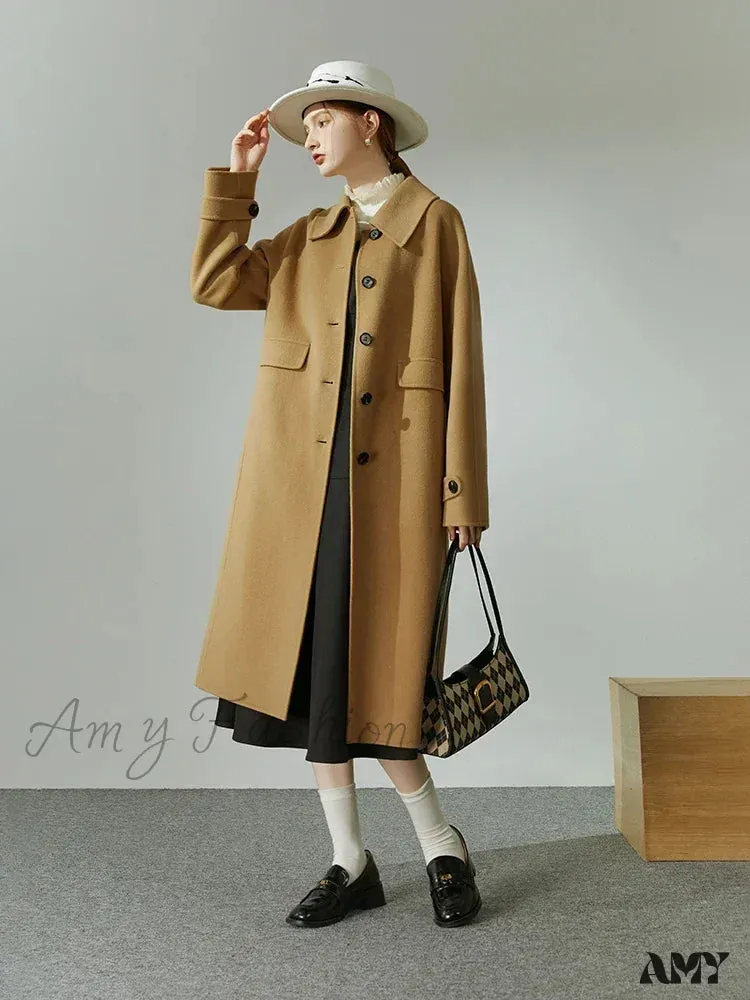 Hepburn Style Polo Collar Long Woolen Autumn Winter Office Lady Single-breasted Full Wool Coat