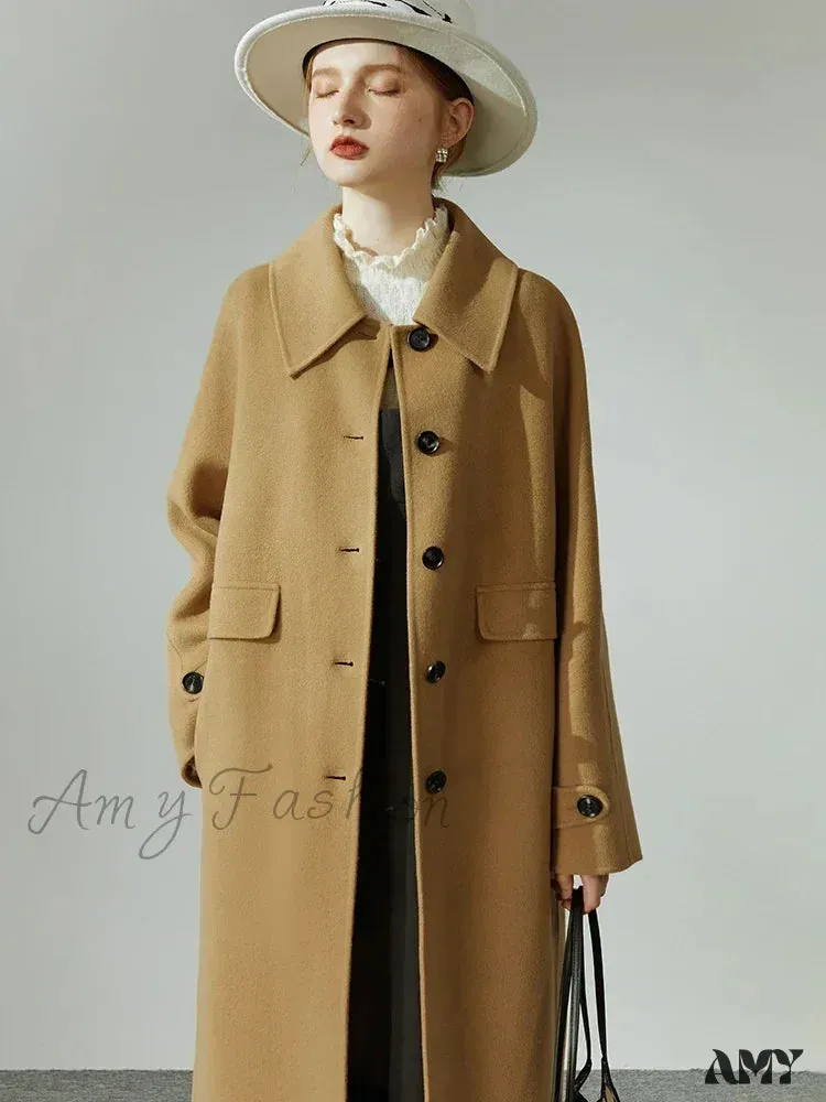 Hepburn Style Polo Collar Long Woolen Autumn Winter Office Lady Single-breasted Full Wool Coat