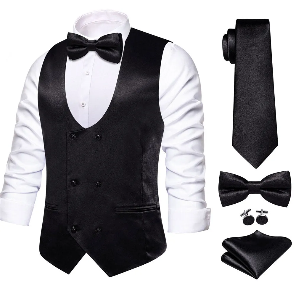 Hi-Tie Black Solid U-Neck Double-Breasted Vest Set