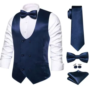 Hi-Tie Dark Blue Solid U-Neck Double-Breasted Vest Set