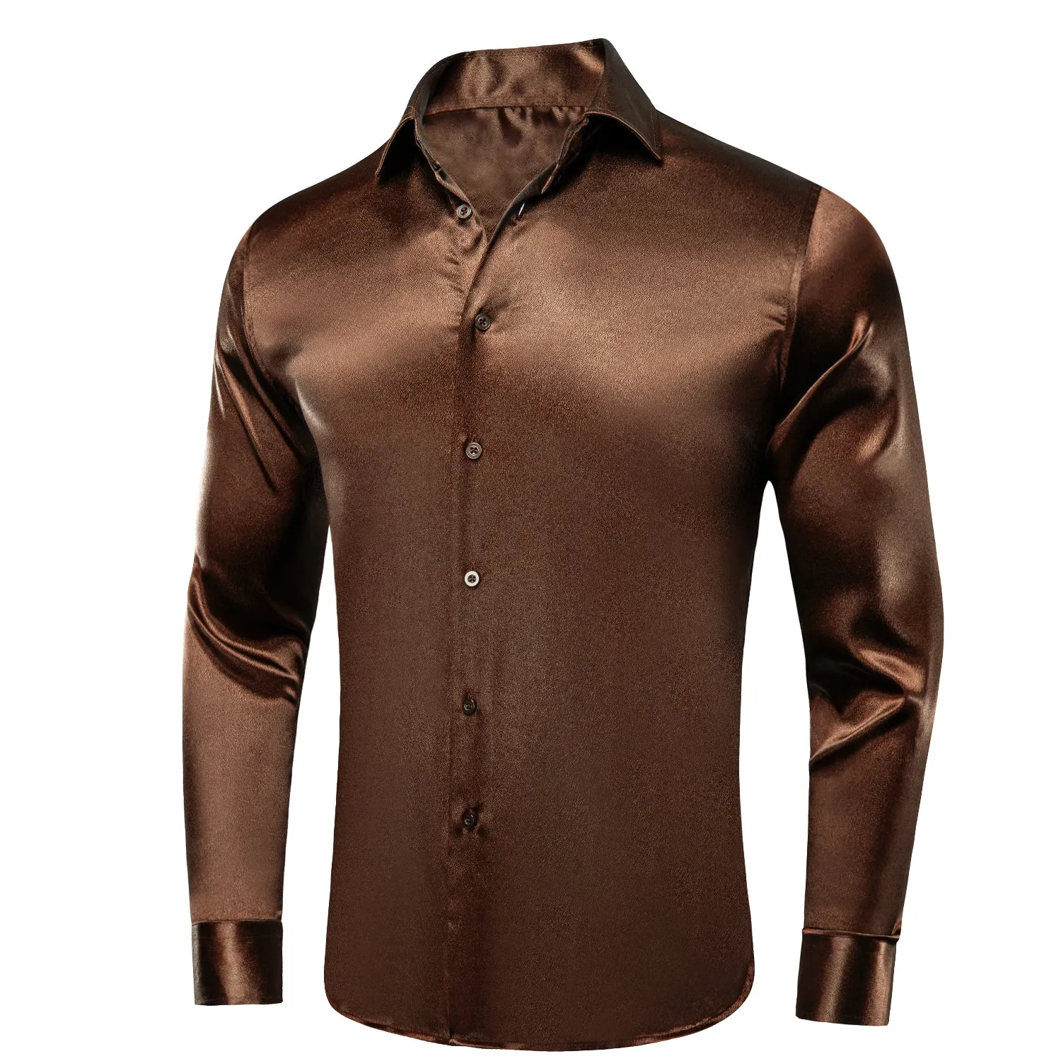 Hi-Tie Men's Top Dark Brown Satin Silk Men's Long Sleeve Dress Shirt