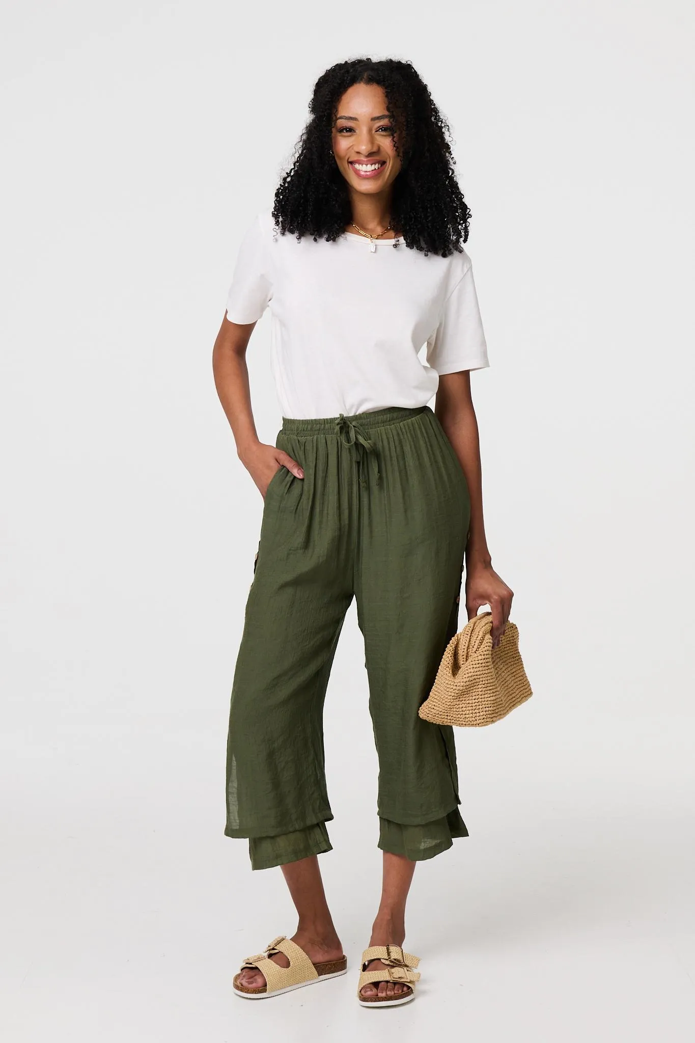 High Waist Layered Hem Cropped Trousers