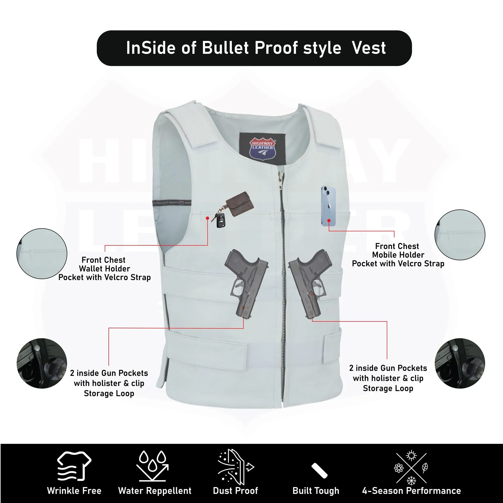 HL11643White Men White Bullet Proof Style Leather Vest For Bikers Club