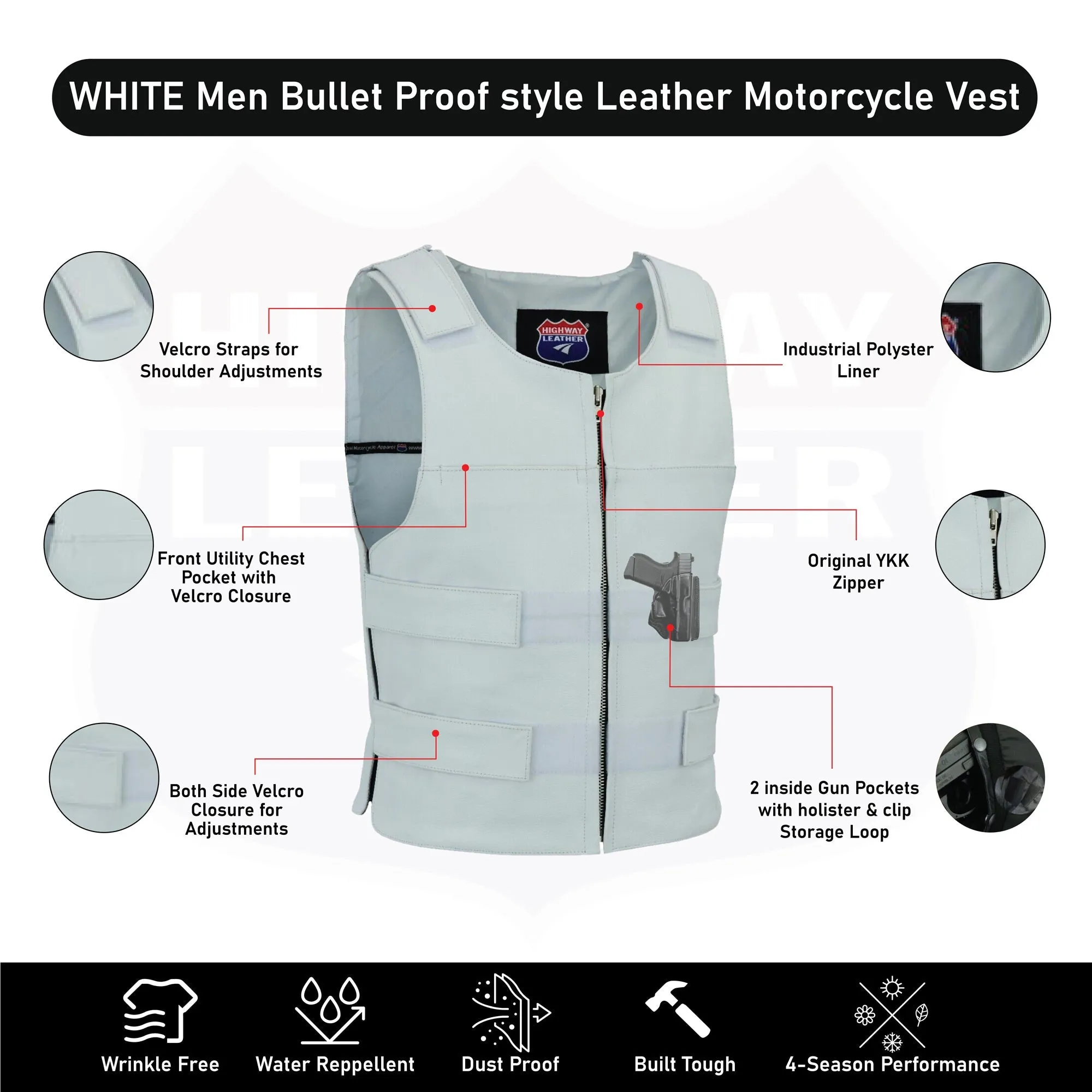 HL11643White Men White Bullet Proof Style Leather Vest For Bikers Club