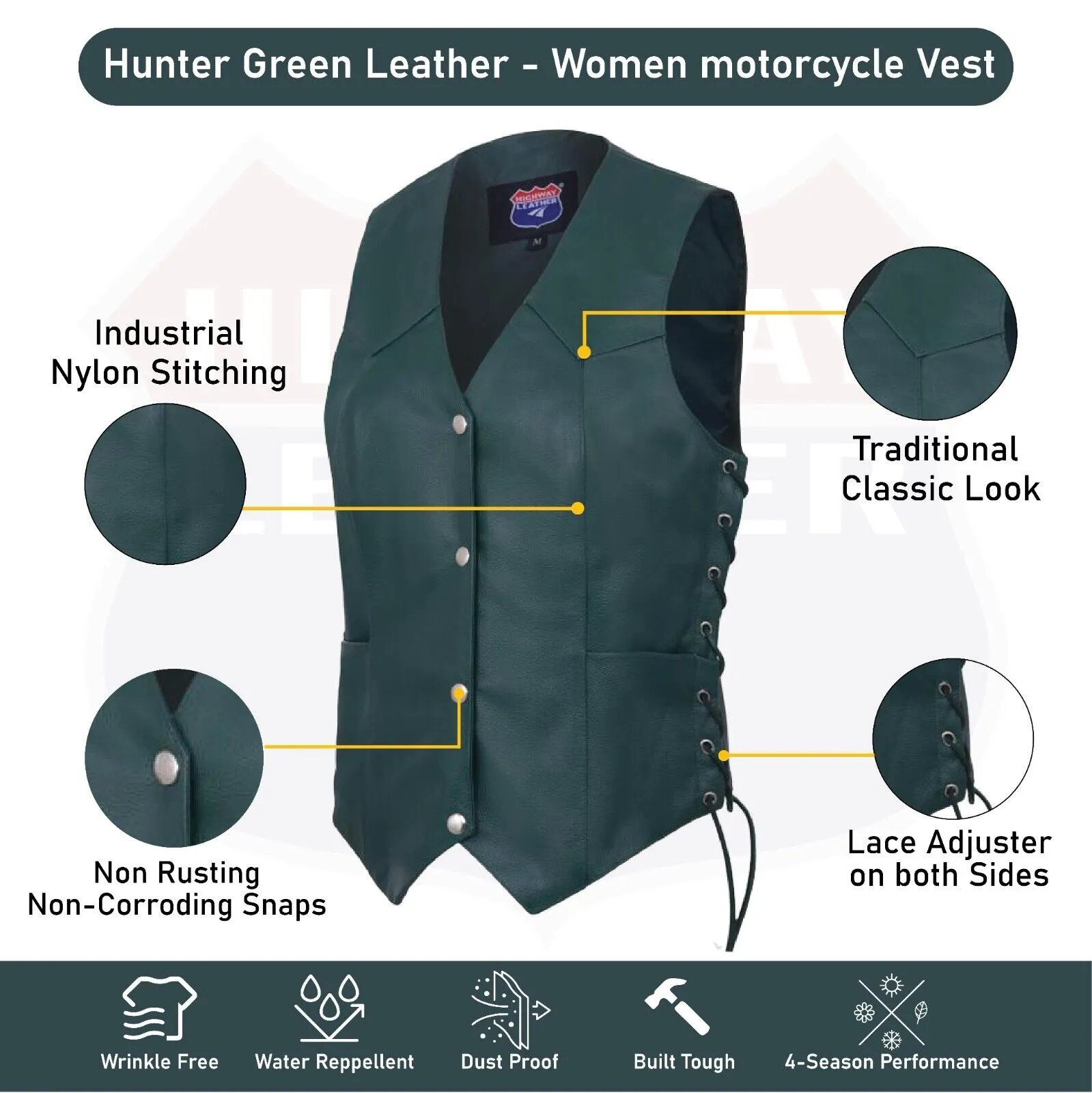 HL14501Green Hunter Green Women motorcycle HUNTER GREEN Leather Vest Biker Club Conceal Carry