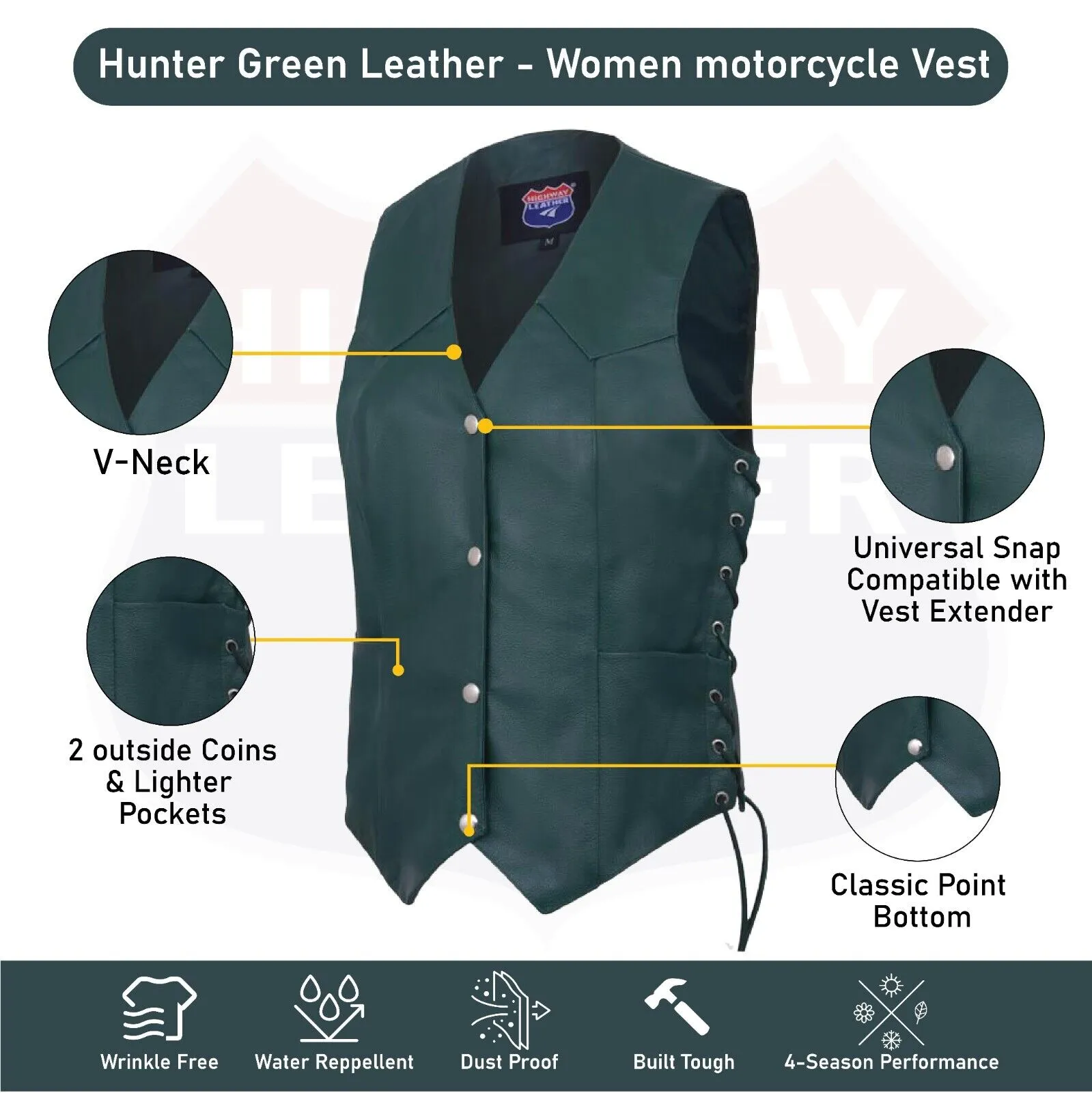 HL14501Green Hunter Green Women motorcycle HUNTER GREEN Leather Vest Biker Club Conceal Carry