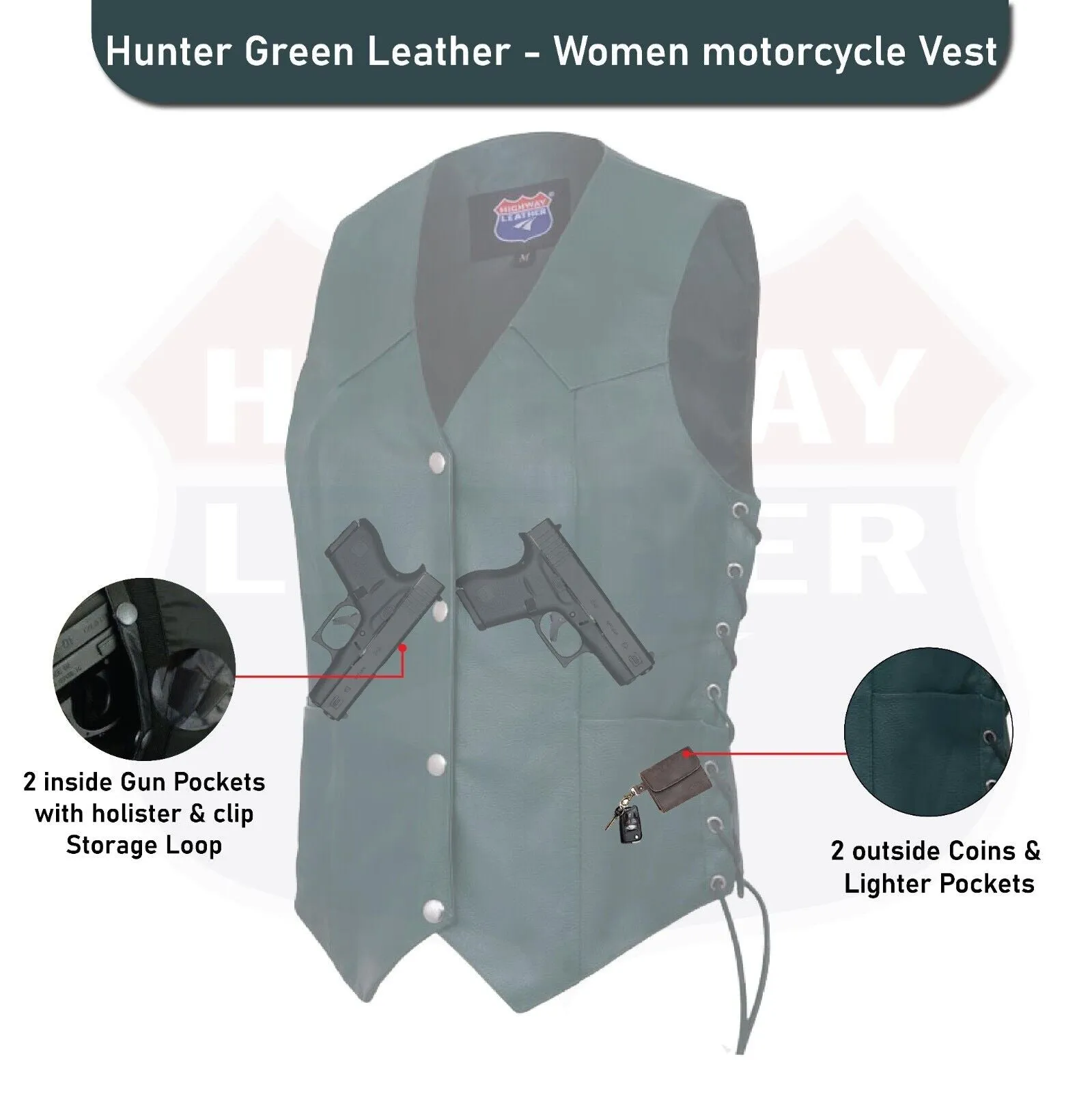 HL14501Green Hunter Green Women motorcycle HUNTER GREEN Leather Vest Biker Club Conceal Carry