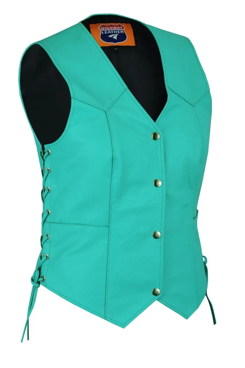 HL14501TEAL Women's Teal color side laced Leather Vest with Gun pockets for clubs