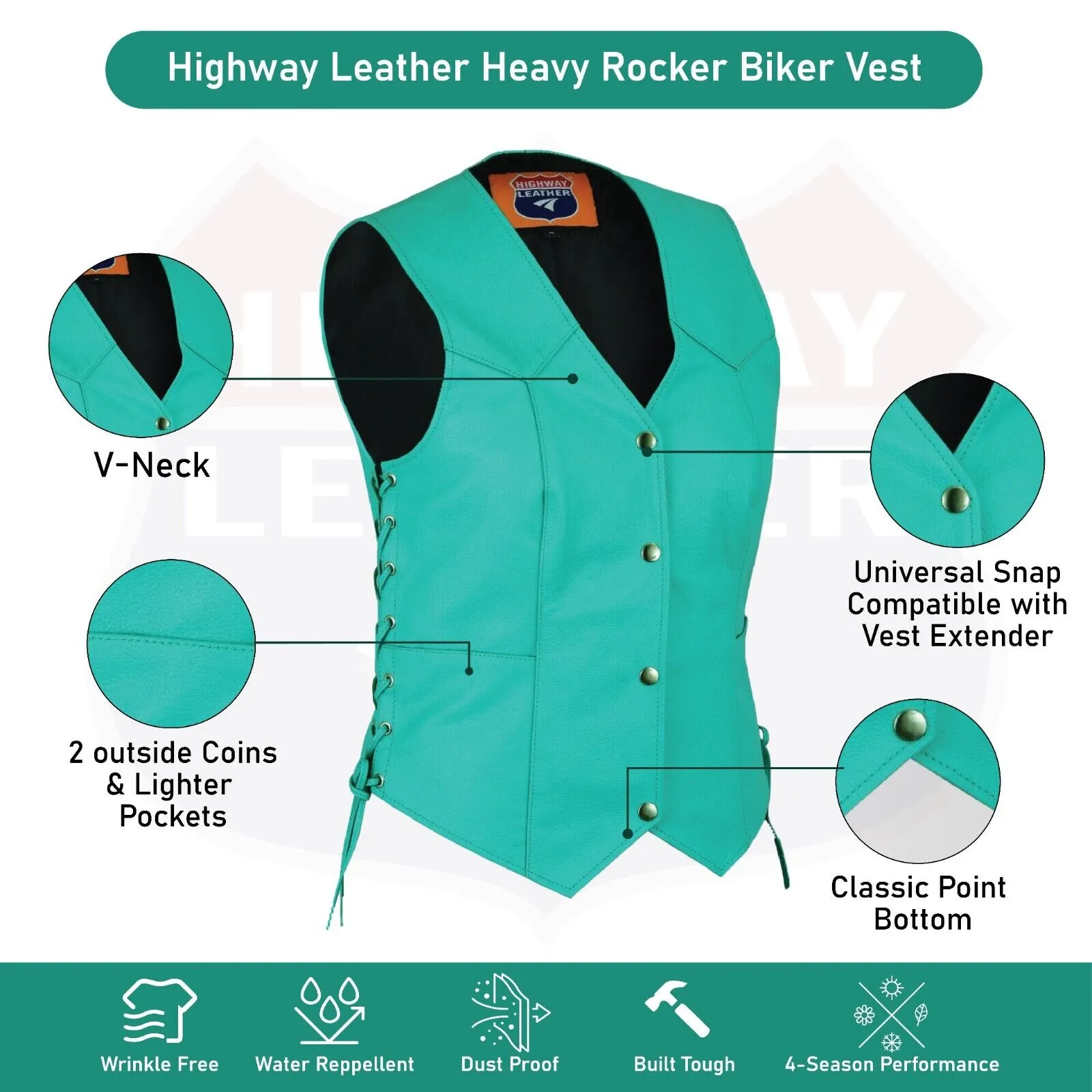 HL14501TEAL Women's Teal color side laced Leather Vest with Gun pockets for clubs