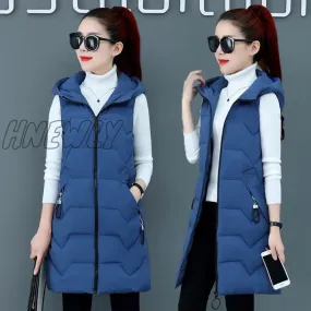 Hnewly Fashion New Autumn Winter Long Cotton Vest Women Jacket Korean Hooded Sleeveless Coat Plus Size Slim Warm Ladies Waistcoat 3XL