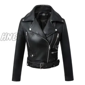 Hnewly New Women Autumn Winter Black Faux Leather Jackets Zipper Basic Coat Turn-down Collar Motor Biker Jacket With Belt