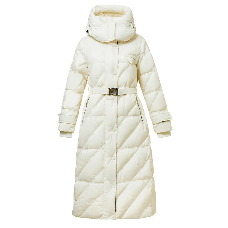 Hooded Belted Waterproof Calf-Length Down Coat