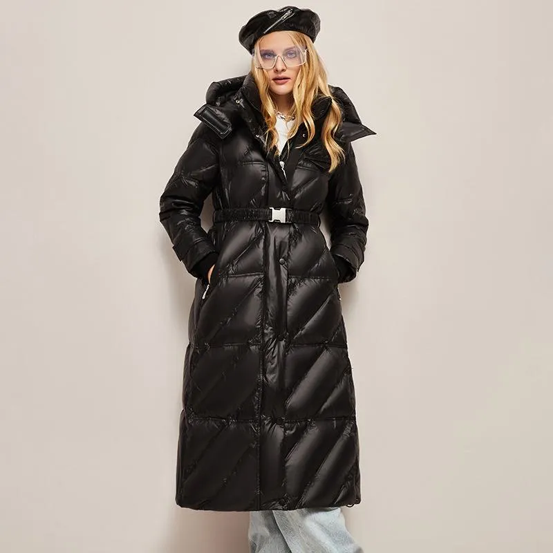 Hooded Belted Waterproof Calf-Length Down Coat