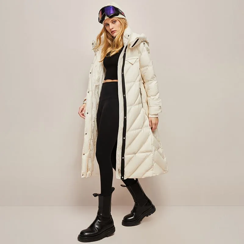 Hooded Belted Waterproof Calf-Length Down Coat