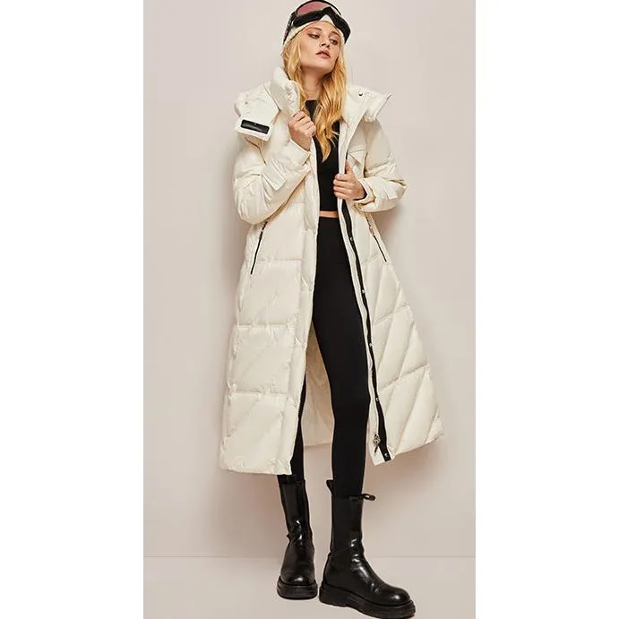 Hooded Belted Waterproof Calf-Length Down Coat