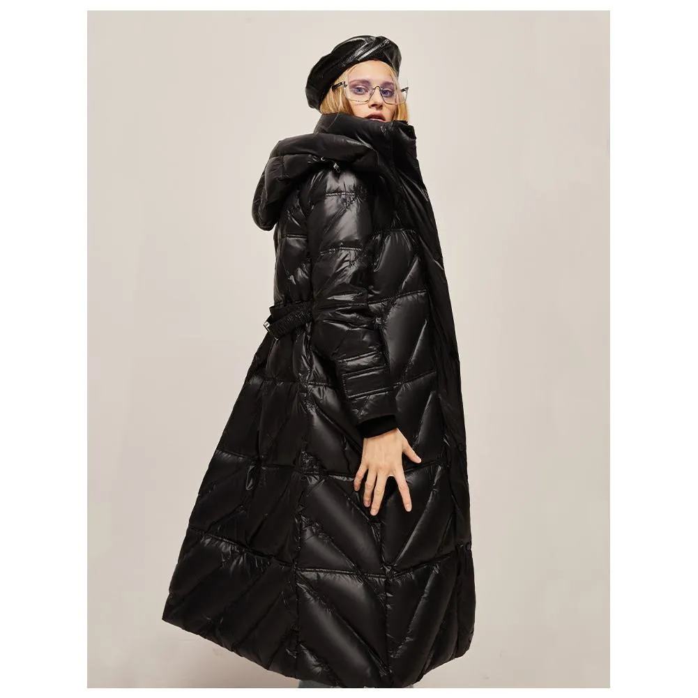 Hooded Belted Waterproof Calf-Length Down Coat