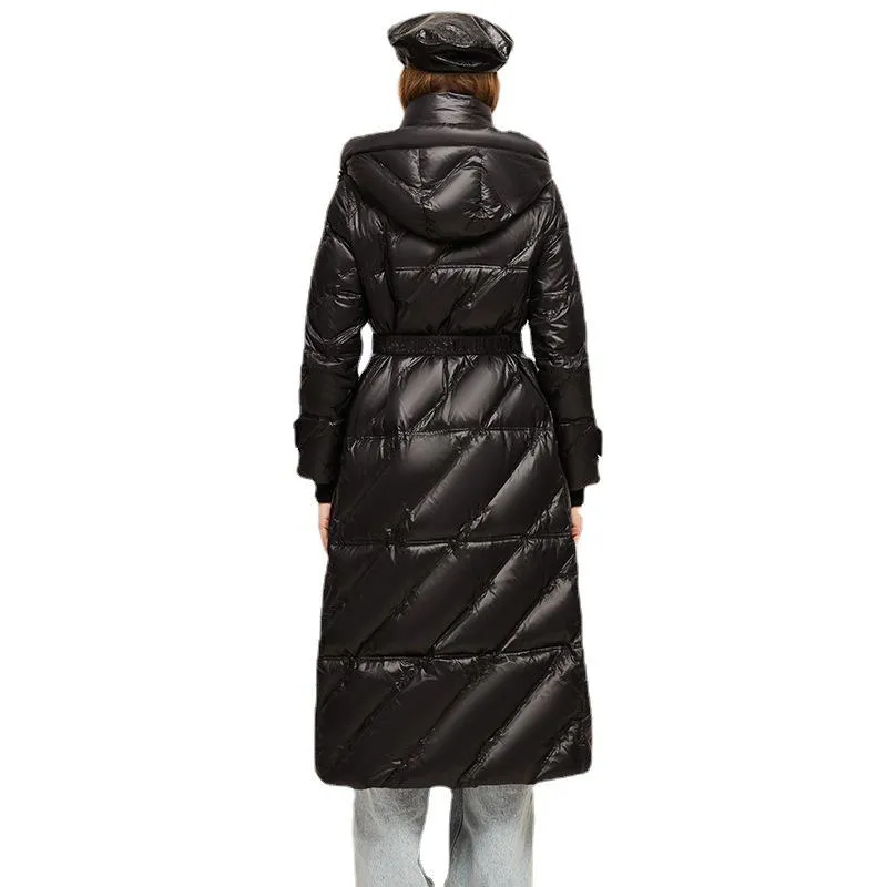 Hooded Belted Waterproof Calf-Length Down Coat