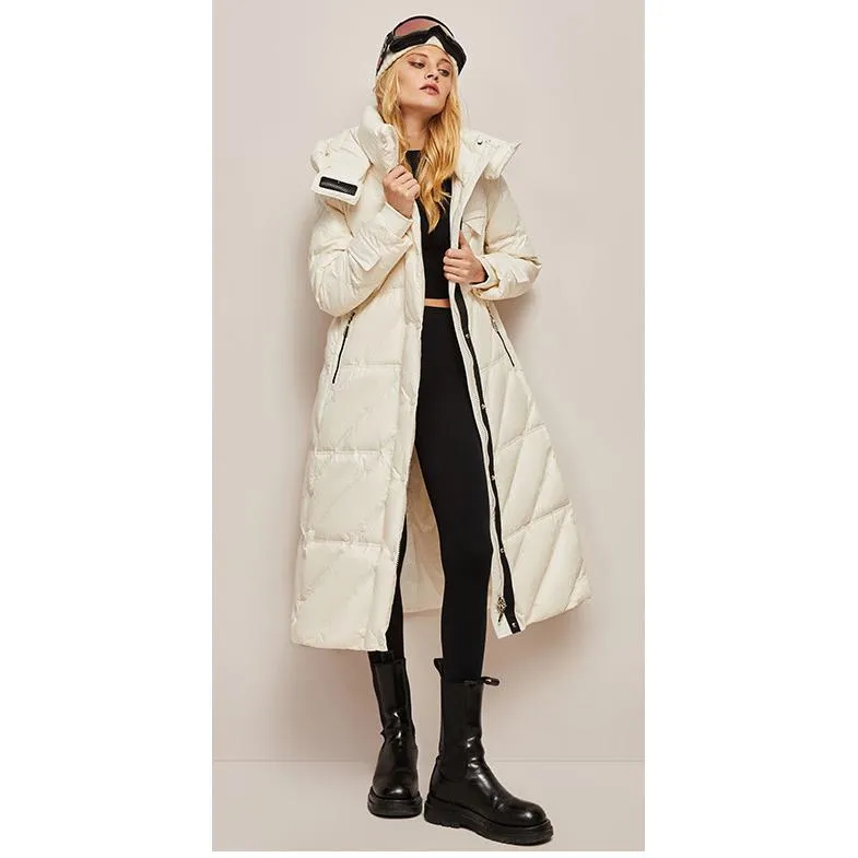 Hooded Belted Waterproof Calf-Length Down Coat