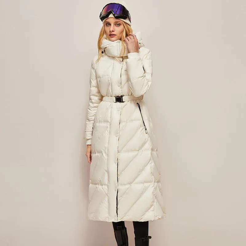 Hooded Belted Waterproof Calf-Length Down Coat