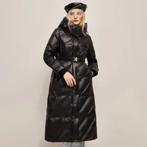 Hooded Belted Waterproof Calf-Length Down Coat