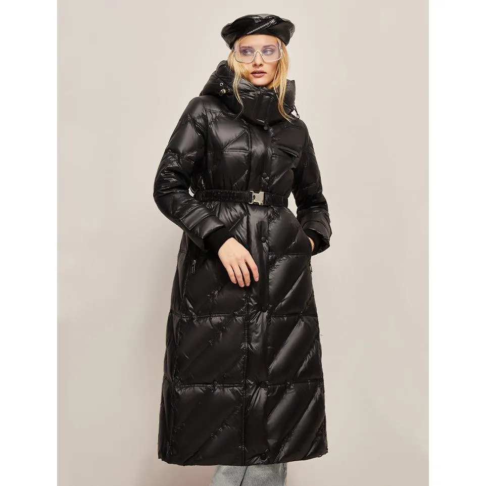 Hooded Belted Waterproof Calf-Length Down Coat