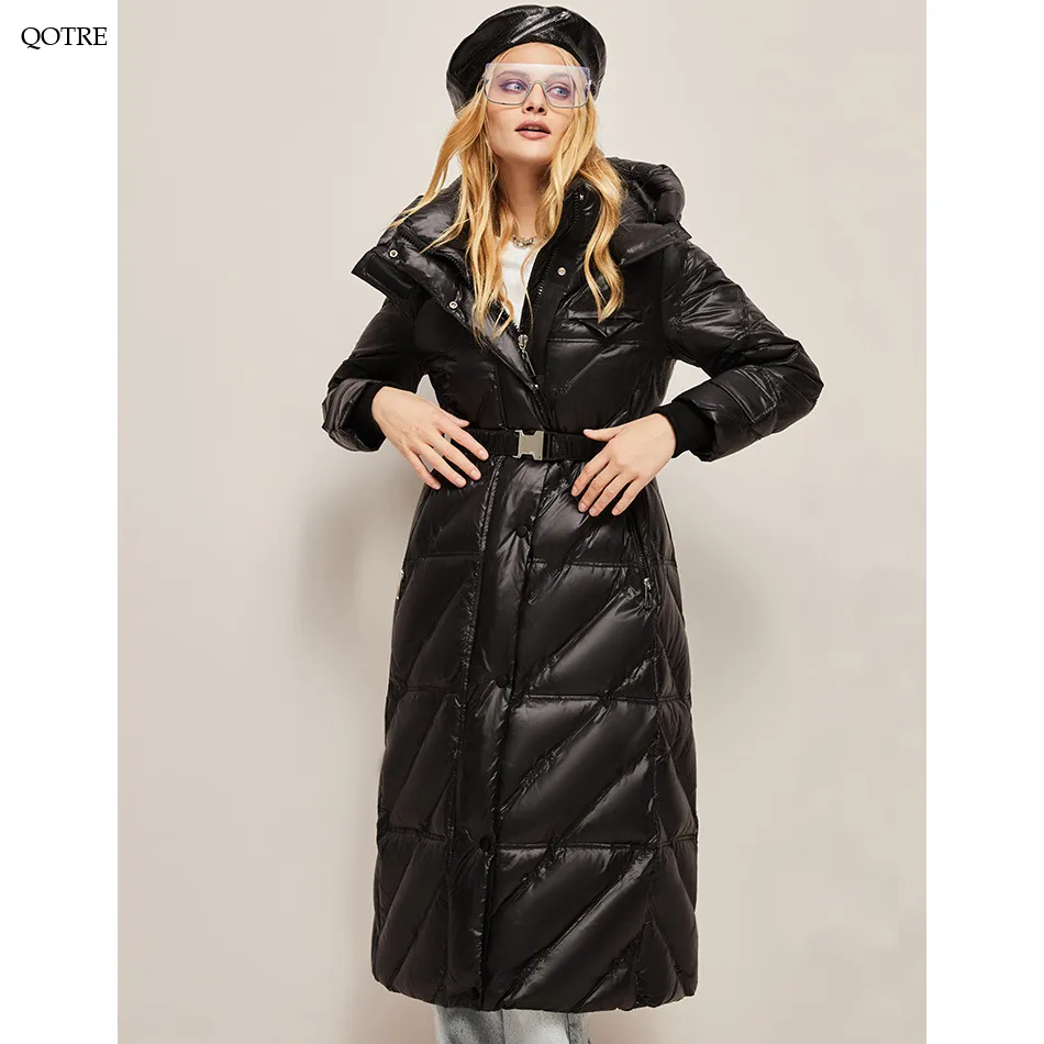 Hooded Belted Waterproof Calf-Length Down Coat