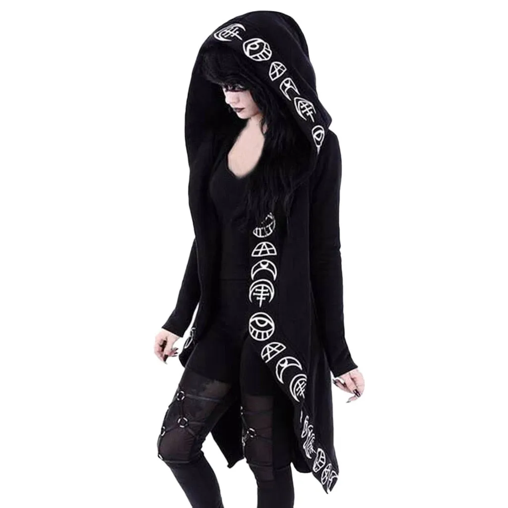 Hot Goth Coat Gothic Punk Moon Letter Print Hooded Long Sleeve Black Jacket Zipper Coat