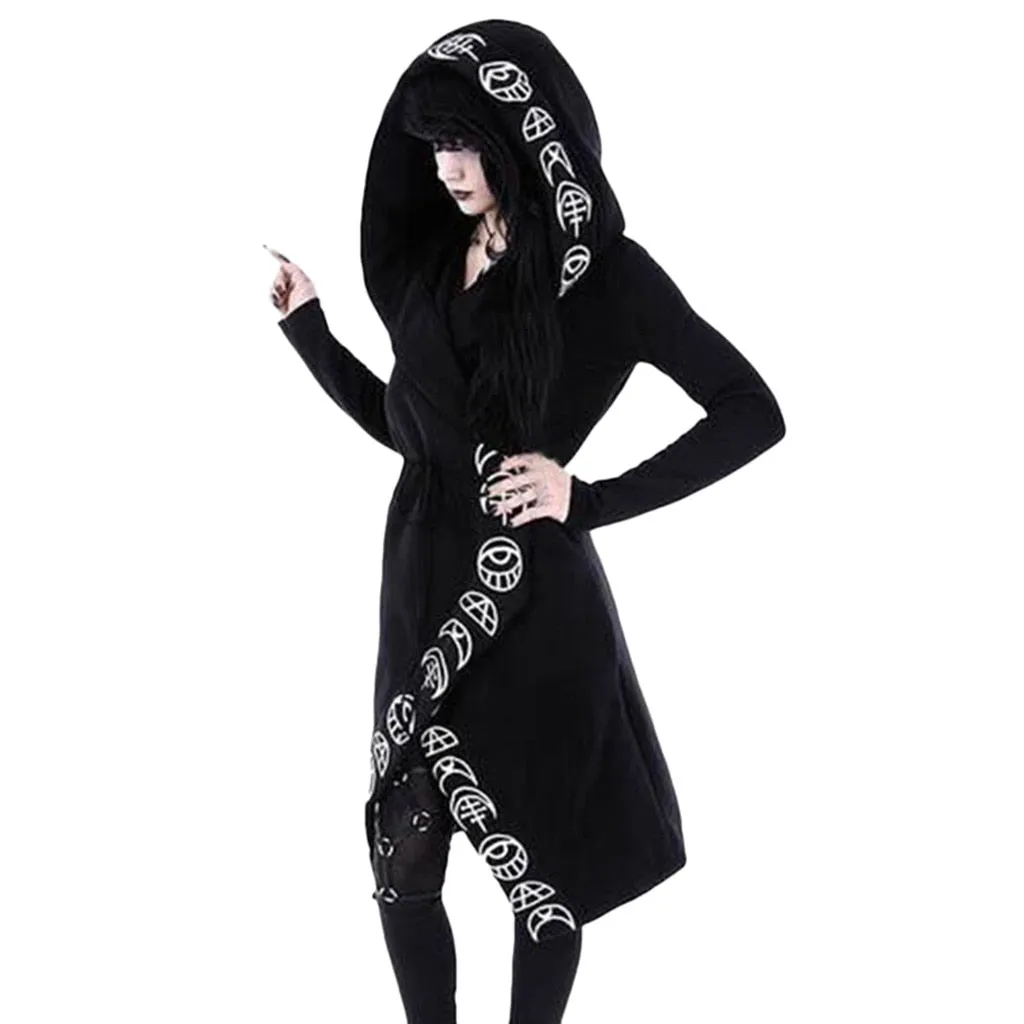 Hot Goth Coat Gothic Punk Moon Letter Print Hooded Long Sleeve Black Jacket Zipper Coat