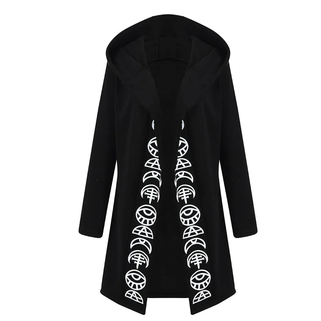 Hot Goth Coat Gothic Punk Moon Letter Print Hooded Long Sleeve Black Jacket Zipper Coat