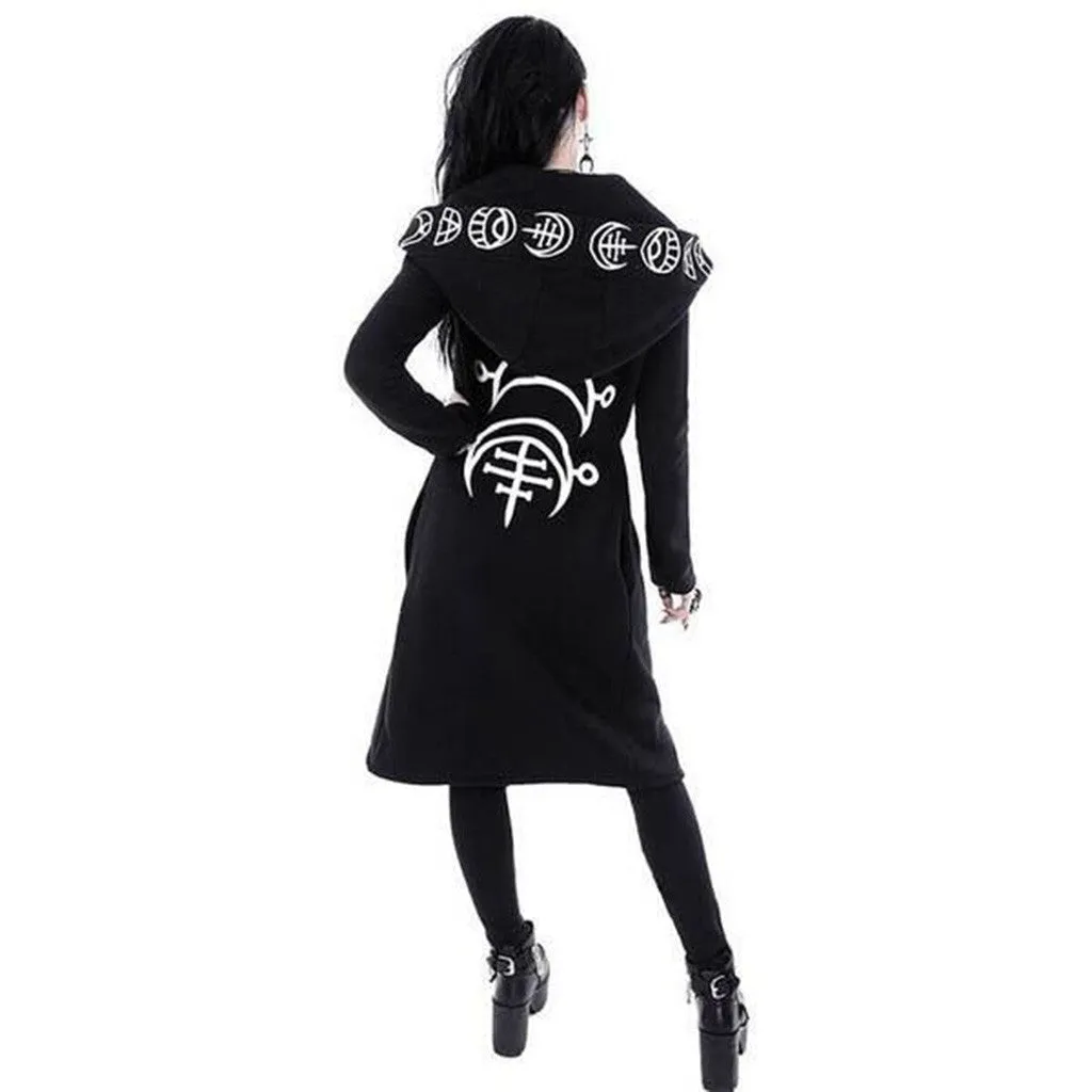 Hot Goth Coat Gothic Punk Moon Letter Print Hooded Long Sleeve Black Jacket Zipper Coat