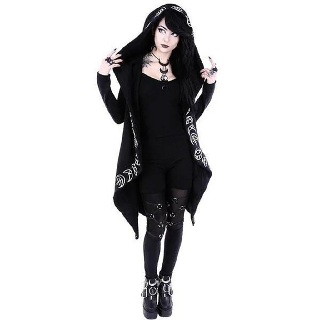 Hot Goth Coat Gothic Punk Moon Letter Print Hooded Long Sleeve Black Jacket Zipper Coat