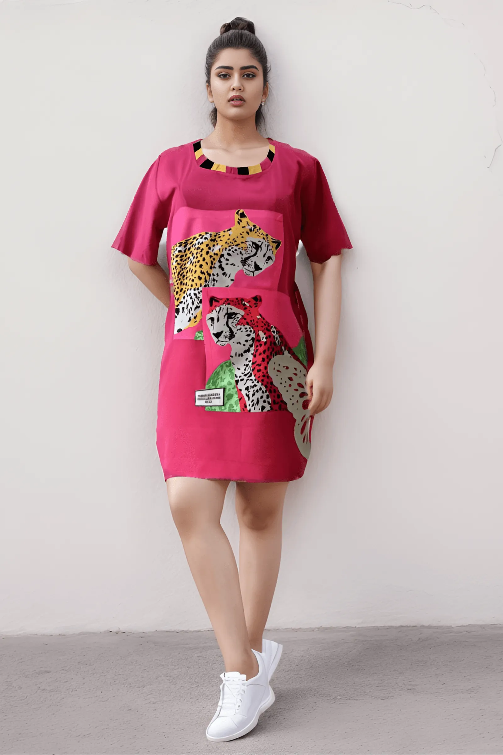 Hot Pink Leopard Patch T-Shirt Dress