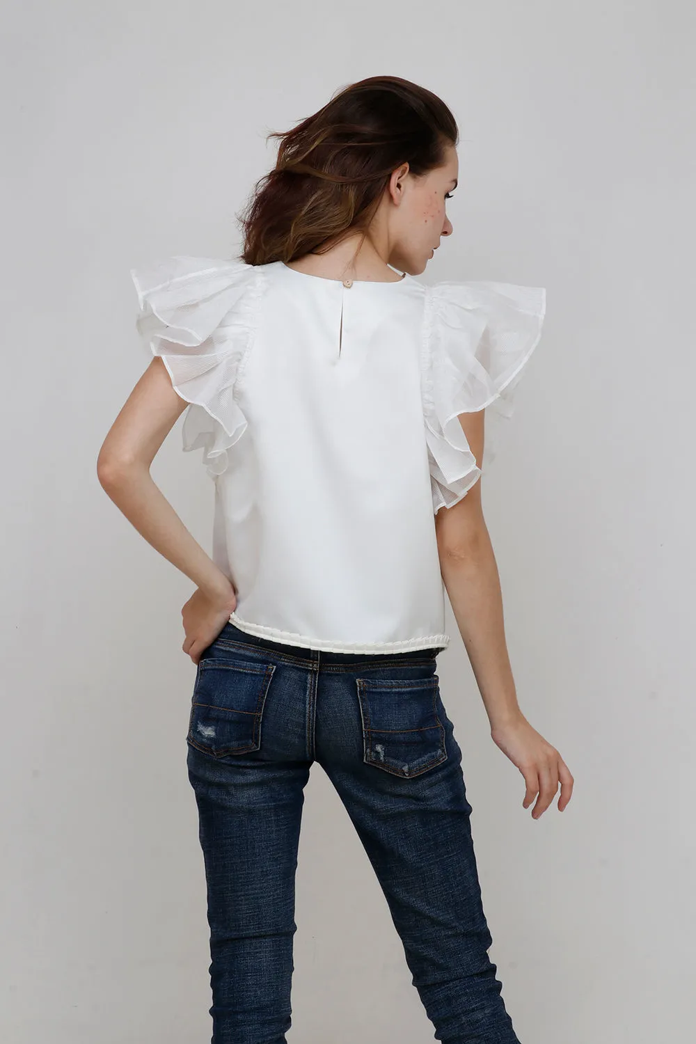 IVORY STRIPED ORGANZA SUPER RUFFLE TOP